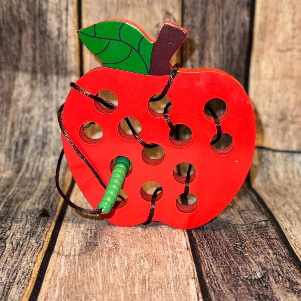 Montessori Wooden Apple Lacing Toy - Red and Green